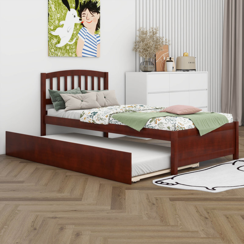 Cadre de lit simple, cadre de lit plateforme avec tête de lit, cadre de lit en bois avec lit gigogne, Noyer