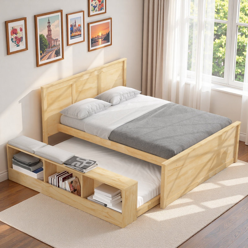 Lit plateforme en bois avec lit gigogne escamotable et compartiments de rangement latéraux, Naturel, Lit double