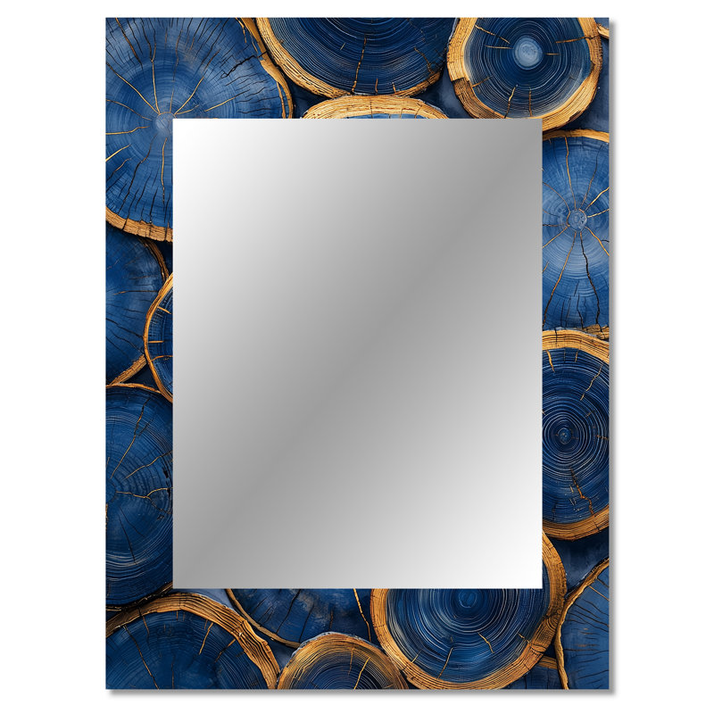 Mysteries Of Aqua Wood Slice II - Tree Decorative Mirror, Modern Wall Mirror, Printed Metal Art, 40" x 30"