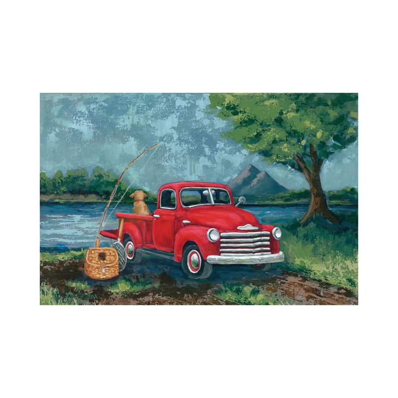 Red Truck Fishing Buddy by Sara Baker - Wrapped Canvas Painting, 101.6 cm H x 66.04 cm W x 3.175 cm D