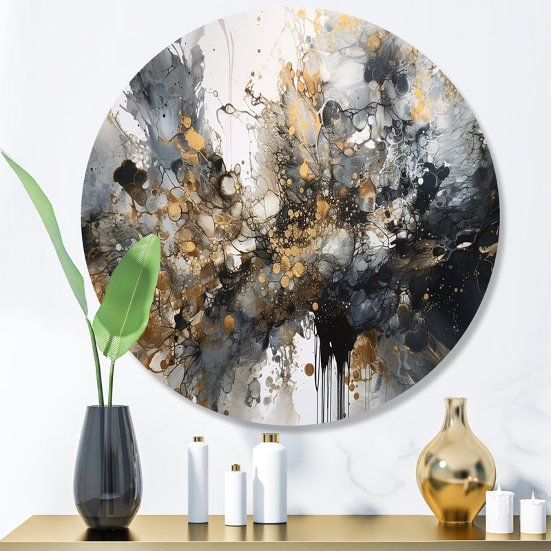 Gris délicat et délicat, coups de pinceau abstraits - art abstrait rond en marbre sur métal, H 23 po x l 23 po x P 1 po