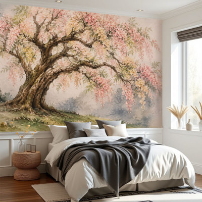 Papier peint auto-adhésif Branches de saule à fleurs pour l'art mural intérieur Papier autocollant amovible pour décoration de salon Chambre à coucher H 69 po x l 96 po