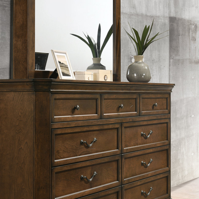 Lit à panneau 4 pièces en bois avec commode, miroir et table de chevet 4 pièces, Très grand