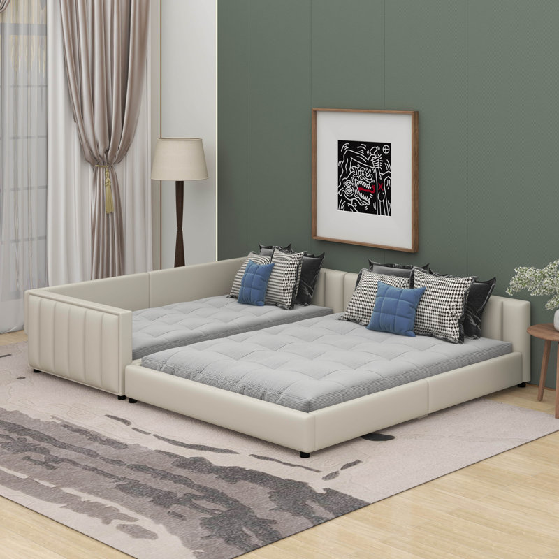 Lit tapissier grand et simple pour grand lit mère et enfant, Beige