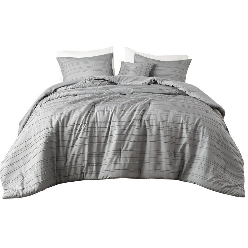 4 pièces d'édredon pour lit double / grand lit gris avec pinces, coffre-fort, 2 taies décoratives, lavable à la machine, motif tissé et coussin décoratif, preuve, étiqueté, avec motif
