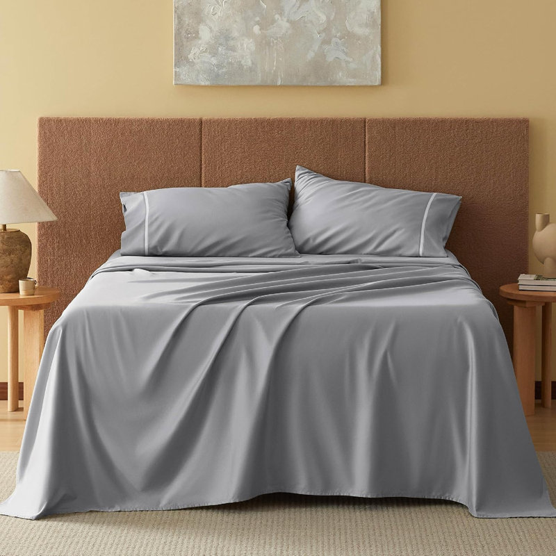 Draps de literie 500TC, Ensemble de draps pour grand lit avec 2 taies d'or, gris