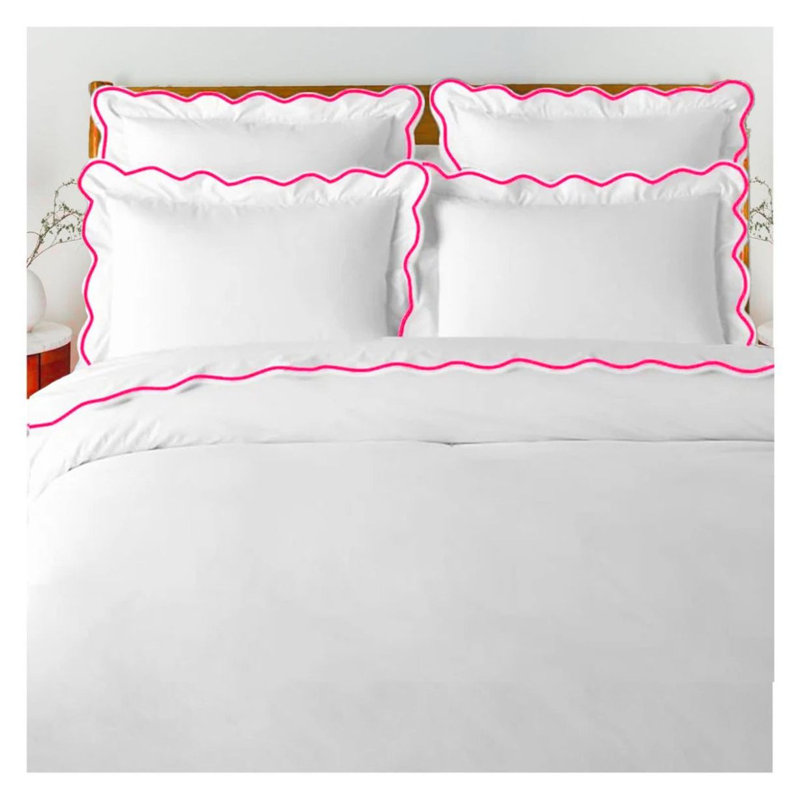 400TC Cotton Scallop Embroidery Sateen Solid Duvet Cover Set, Full/Queen Duvet Cover, White/Hot Pink