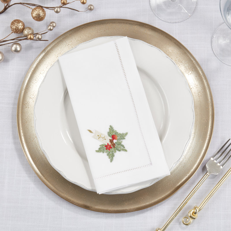 White Cotton Festive Candle Embroidered Napkins, Set of 6