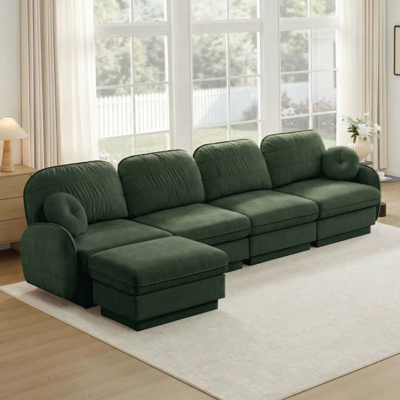 Canapé modulaire ergonomique chenille à 4 places avec 1 repose-pieds Chenille Cloud, Green, 37.4" H x 137" W x 57.6" D