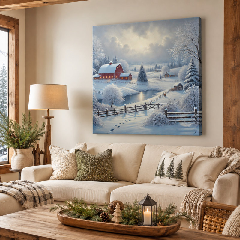 Tranquil Winter Barn: Snowy Countryside Landscape, art sur toile, H 30 po x l 30 po x P 1,5 po