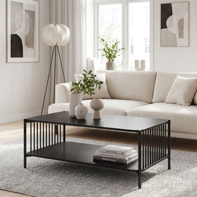 Rectangular Oak-Effect Coffee Table with Storage Shelf and Black Metal Frame, Black, Black