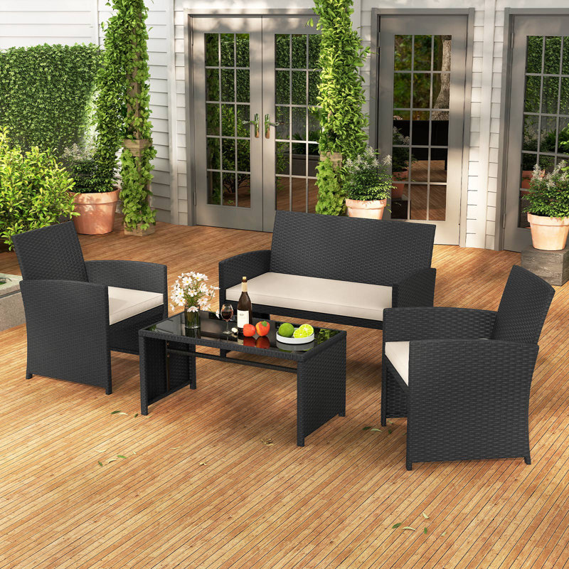 Set of 4 Patio Conversation Set w/Seat Cushions & Tempered Glass Tabletop Porch Outdoor, White