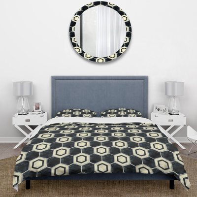 Ensemble de housse de couette noir et blanc Hexagon VI - Mid-Century