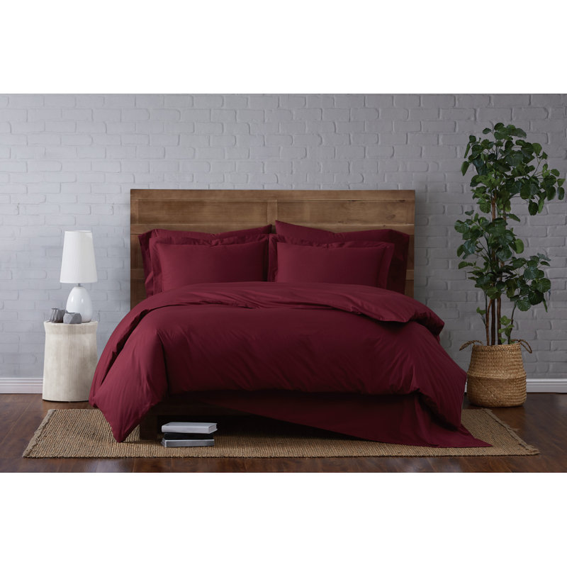 Jededian 100% Cotton Percale Duvet Cover Set, Queen Duvet Cover + 2 Shams, Burgundy