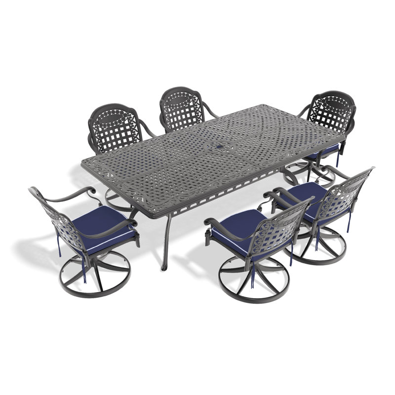 Ensemble de salle à manger 7 pièces en fonte d'aluminium toutes saisons, comprenant 6 chaises pivotantes bleues et une table rectangulaire avec cadre noir