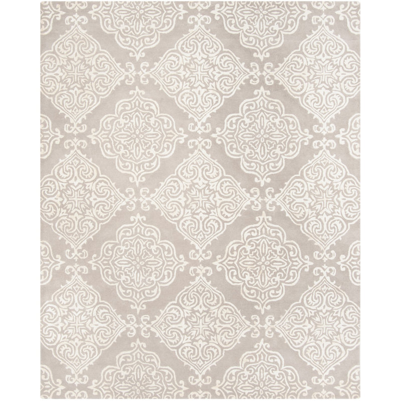 Bernon Hand Tufted Viscose/Wool Damask Rug in Silver/Ivory, Rectangle 8' x 10'