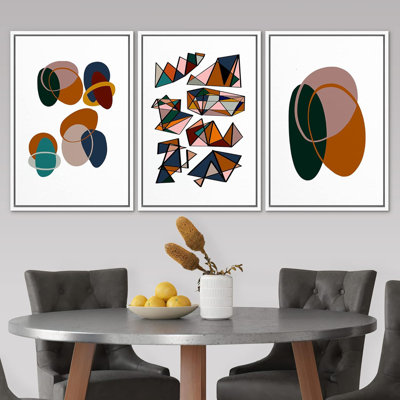 "Abstrait, cercles entrecroisés, formes géométriques, style Mid-Century, art contemporain bohème coloré", 3 pièces