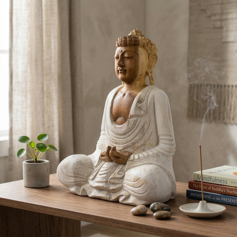 Statue de Bouddha en bois sculptée à la main, sculpture de Dhyana Mudra blanchie à la main, décor de méditation zen
