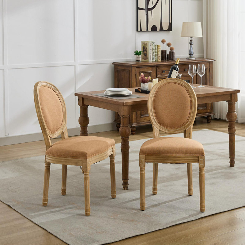 Solid Wood Frame Dining Chair with Antique Painting and Linen Fabric Set of 2, Tan, Browna