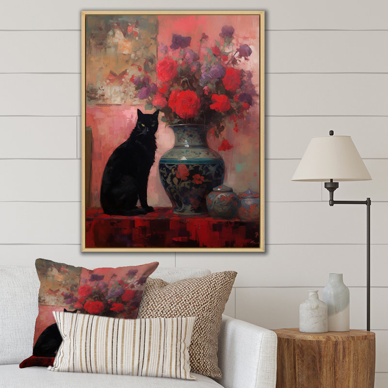 Peinture d'un chat noir avec vase rouge, Cadre naturel flottant, H 32 po x l 24 po x P 1 po