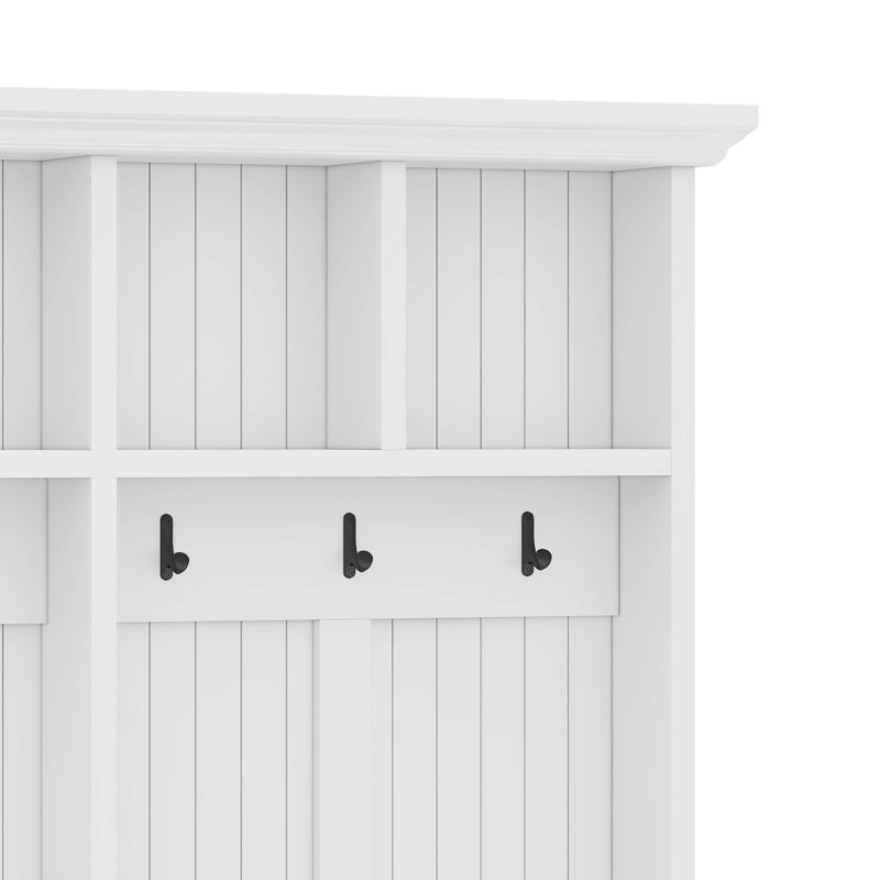 Portemanteau en bois avec banc et tiroirs de rangement Farmhouse, portemanteau 4-en-1, Blanc