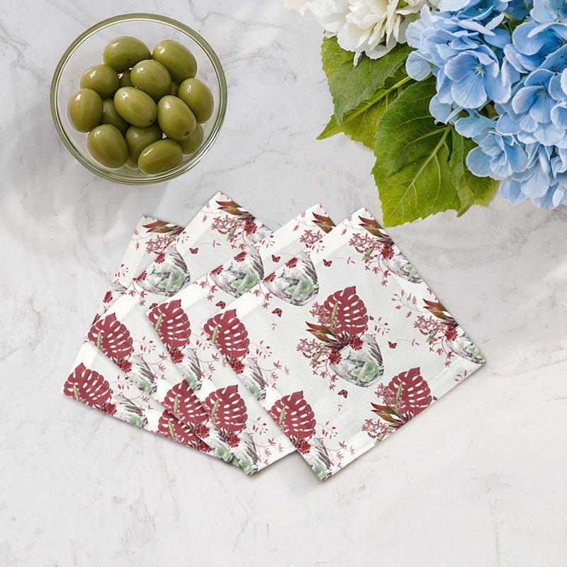 Monkey Small Jungle Cotton Sateen Cocktail Napkins, Rouge