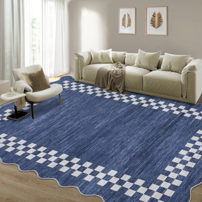 Scalloped Area Rug Modern Bordered Accent Carpet, Non-Slip Geometric Floor Cover, Stain-Resistant Low Pile Indoor Mat, Easy to Clean Rugs