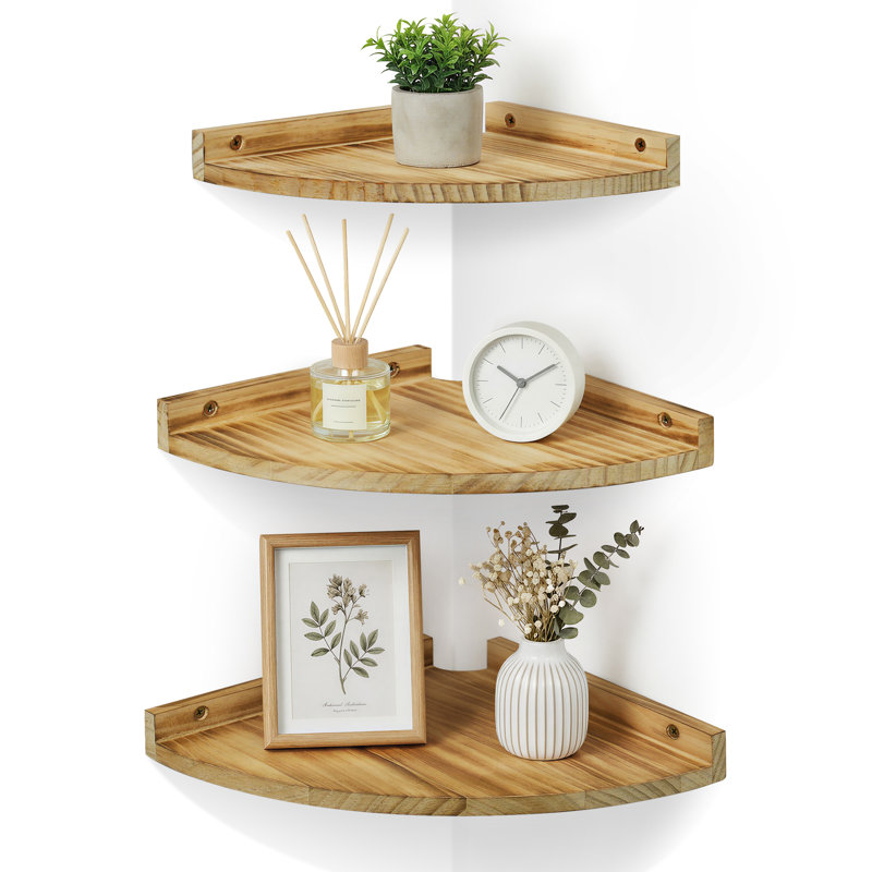 Rustic Corner Floating Shelves Set of 3, Torched Pine Wood Wall-Mounted Bookshelf with Rounded Edges, Raised Back, Cable Hole,  Display Shelf for Bathroom, Kitchen, Bedroom, Living Room
