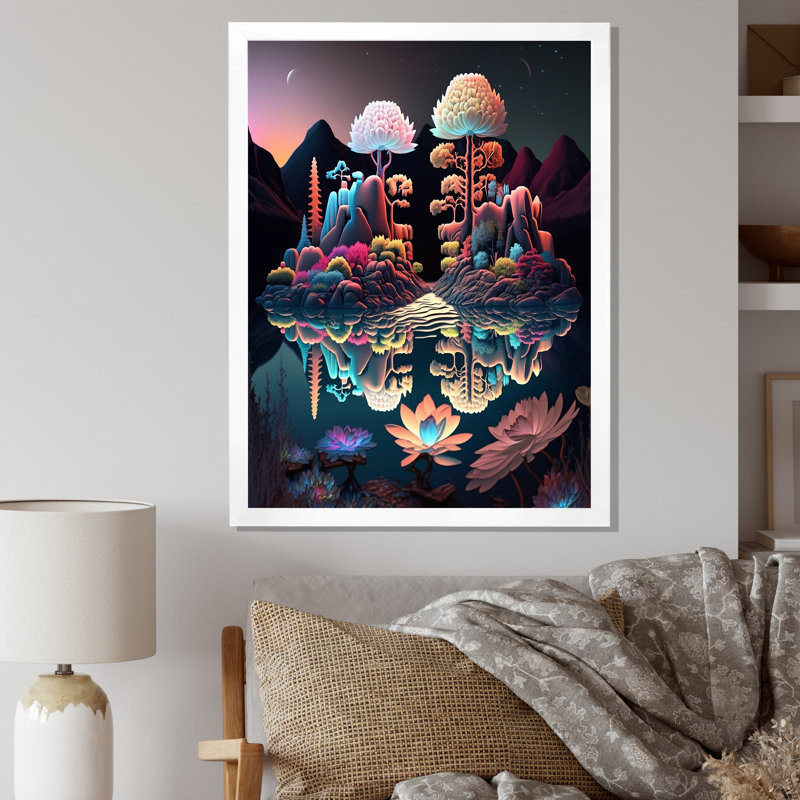 «Abstract Nocturnal Flora Mysterious Lake», reproduction sur toile, H 40 po x l 30 po x P 1,5 po, Cadre simple blanc