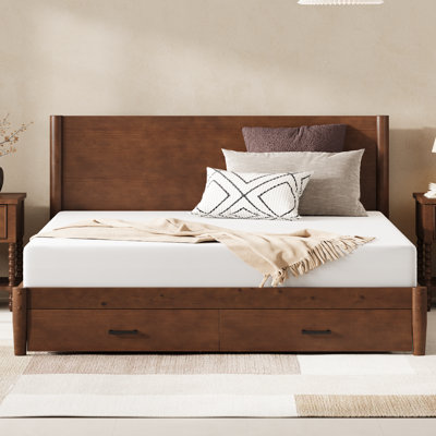 Lit plateforme king size en bois massif de style Mid-Century avec tiroirs de rangement sous le lit, noyer
