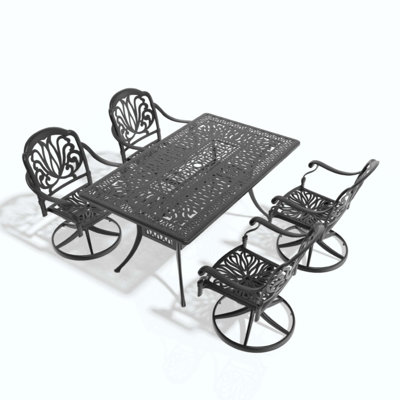 Ensemble de salle à manger 5 pièces en aluminium coulé résistant aux intempéries, comprenant 4 chaises pivotantes et une table rectangulaire avec cadre