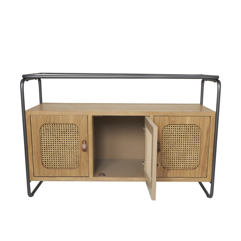 Console à 3 portes en bois brun avec portes avant en canne et structure en métal gris