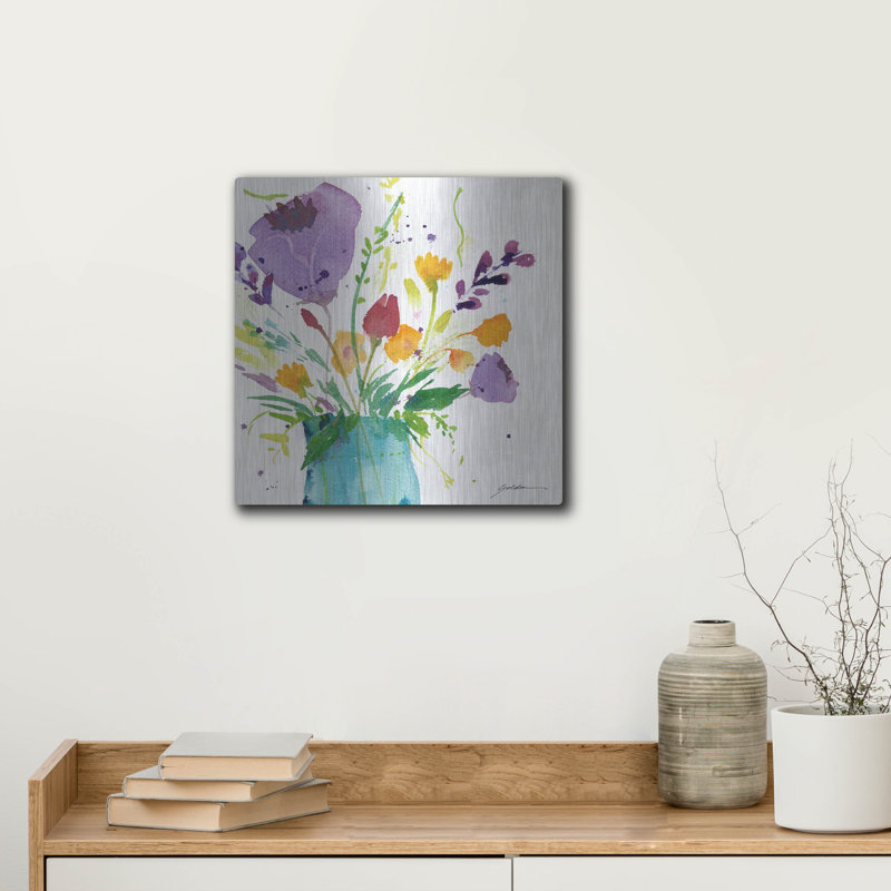 " Teal Vase With Bright Flowers " Print, 24" H x 24" W