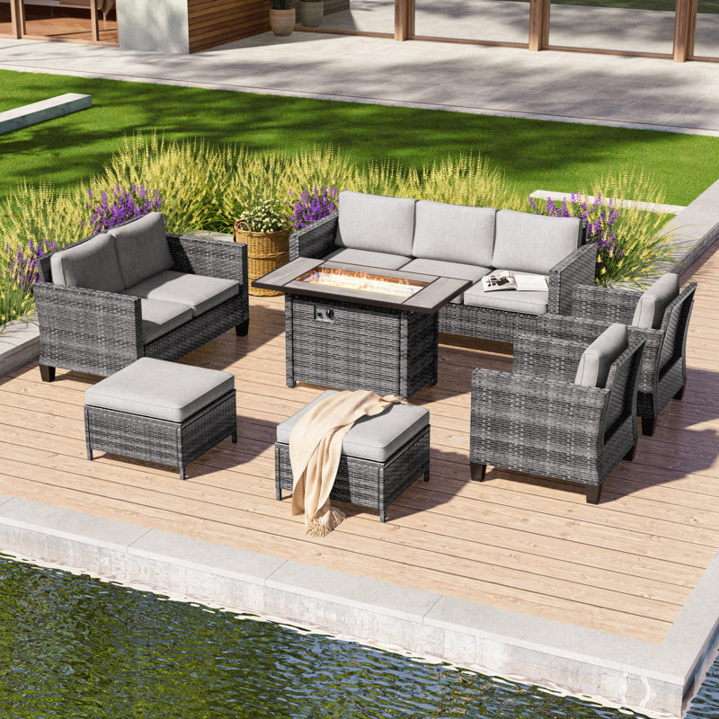 7 Pieces Patio Sofa with Rectangle Fire Pit Table and Ottomans, Gray, Linen Gray