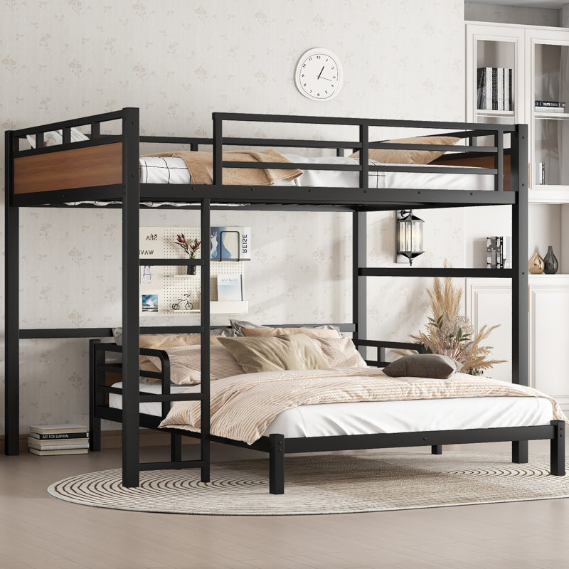 Queen Over Queen Metal Bunk Bed with Raised Guardrail — Metal Loft & Platform Bed, Walnut Finish, Walnut, Queen