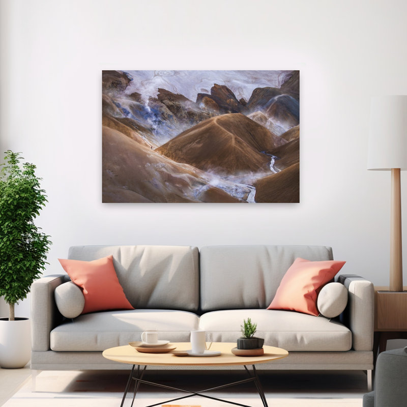 Hiker In Steaming Valley Colorful Dramatic Surreal Landscape Nature Wall Art Print by Peter Svoboda MQEP - Wrapped Canvas Print