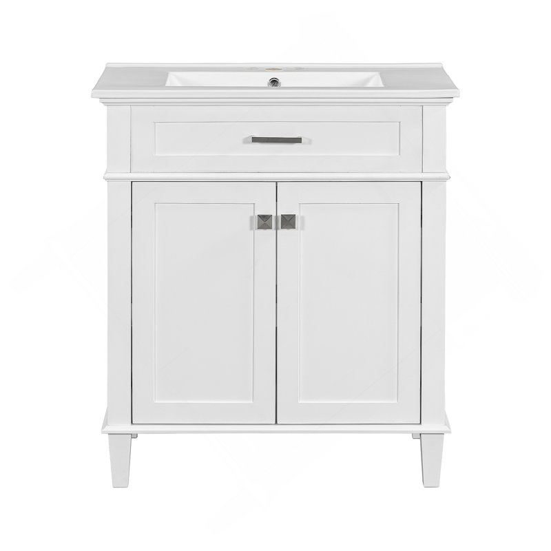 Meuble-lavabo de 30 po avec lavabo en céramique, porte à fermeture en douceur et tablettes réglables, Blanc
