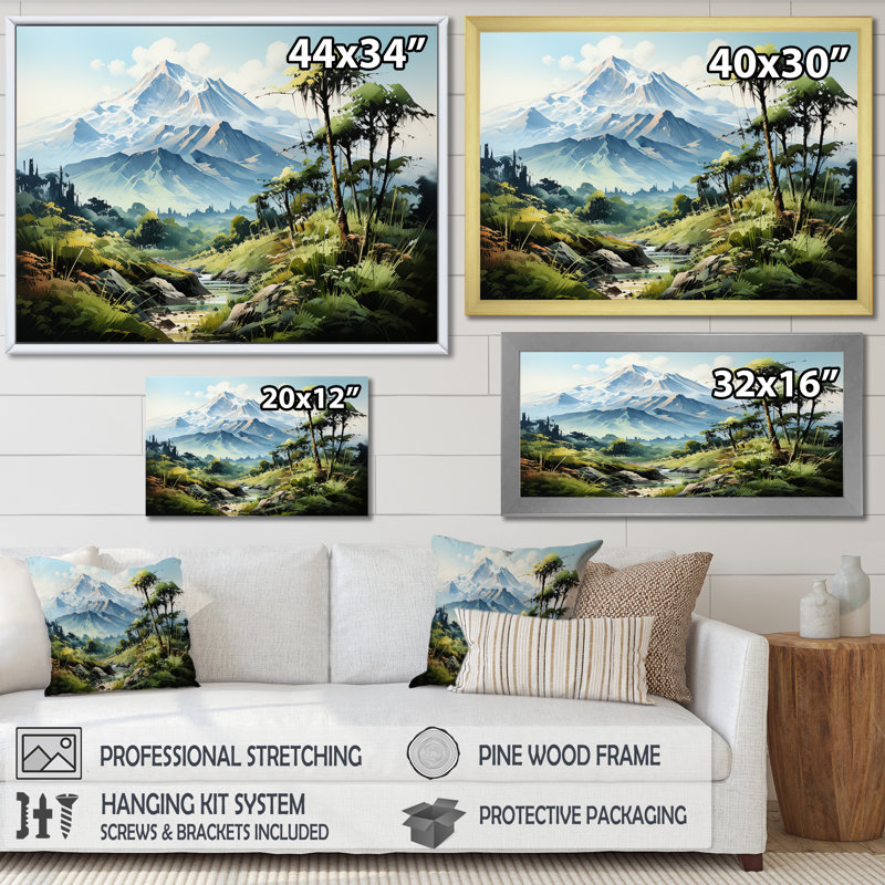 Jungle Volcano Paradise I - Imprimé, Cadre flottant doré, H 16 po x l 32 po x P 0,5 po