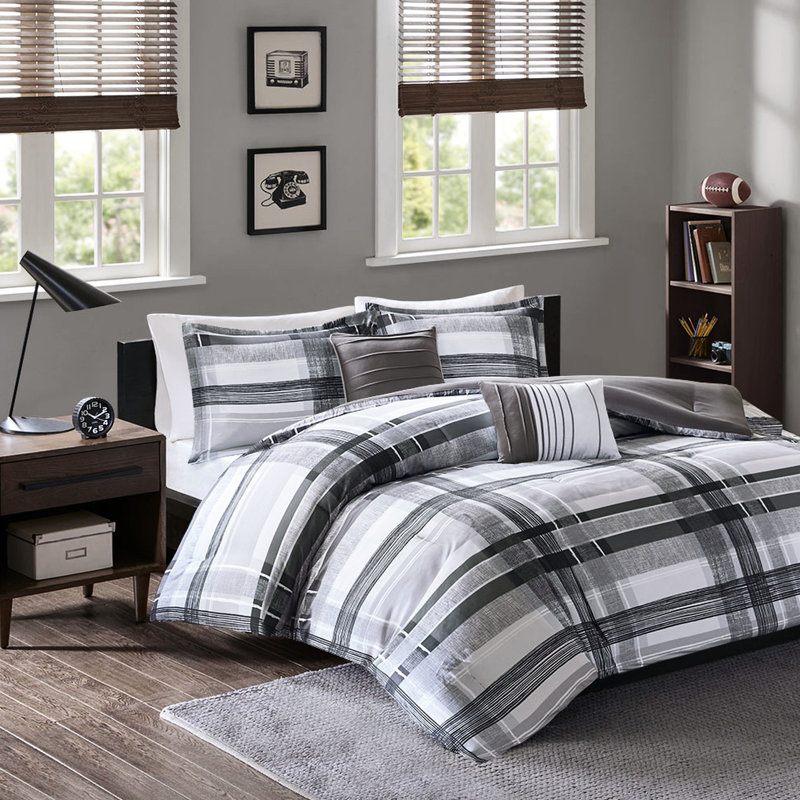Édredon double / grand à carreaux - Literie élégante pour la chambre à coucher en noir et gris, édredon, 2 taies décoratives, couette lavable et facile à nettoyer