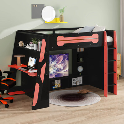 Lit mezzanine pleine grandeur avec bureau, base de lit en bois avec plusieurs tablettes de rangement et lumière RVB, espace de rangement sous le lit, mobilier de chambre pour les dortoirs étudiants