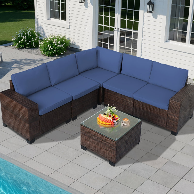 Outdoor Patio Furniture Set, 6pcs Wicker Sectional Sofa And Coffee Table, Plush Cushions, Rattan Patio Set For Porch, Garden, Or Backyard  - Patio Furniture Outdoor