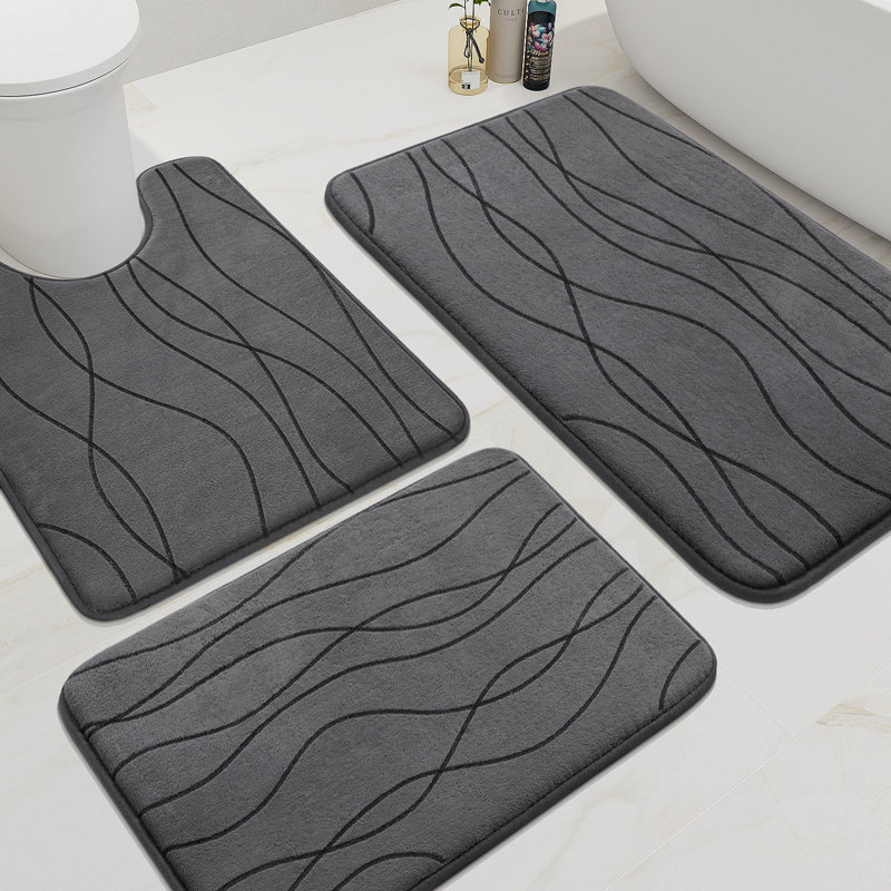 3 Piece Plush Memory Foam Bath Rug Set with Non-Slip Backing and High Absorbency, Dark Gray Geometric