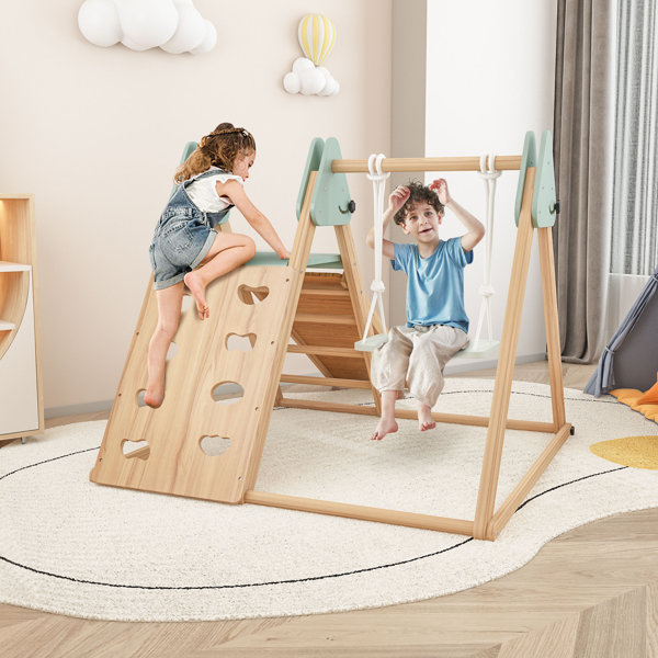 Baby Swing Maxmass 4-in-1 Kids Climbing Frame, Wooden Toddler Triangle Climber With Slide Ramp, Climbing Net Rope & Board, Indoor Outdoor Children Montessori Bubble Machine