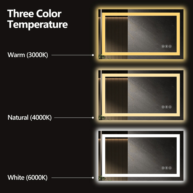 Miroir de salle de bain intelligent 24 x 32 pouces à DEL avec éclairage à intensité variable et température de couleur réglable de 3 000 K, 4 500 K, 6 000 K, interrupteur à brouillard intégré, fonction d'arrêt automatique en 1 heure, interrupteur mural contrôlé,