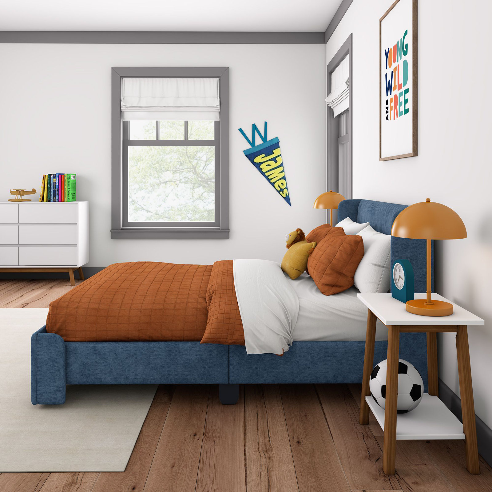 Solid Wood Upholstered Panel Bed, Full, Blue