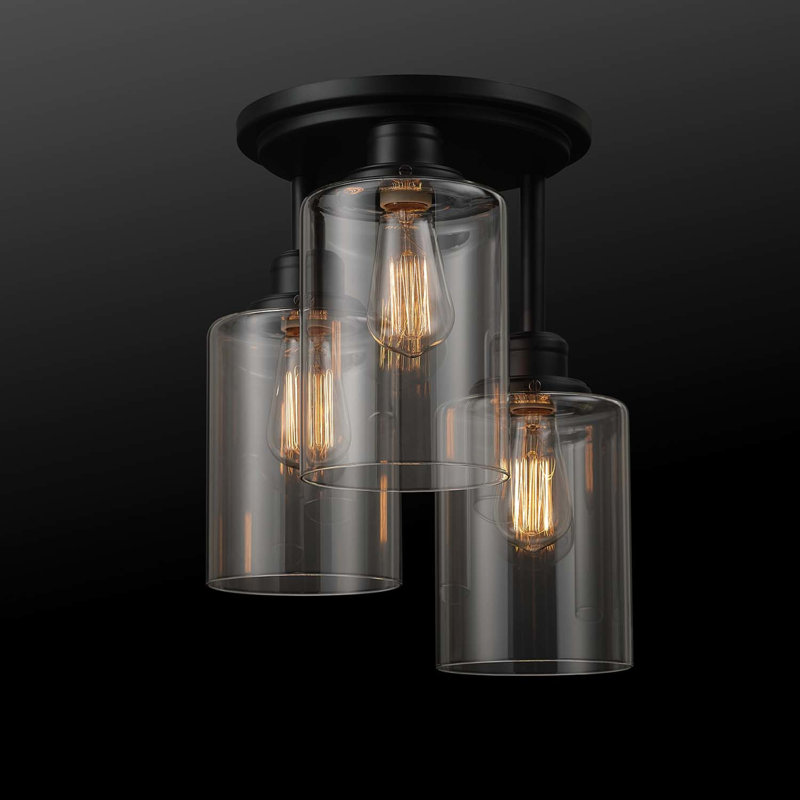 Plafonnier semi-encastré à 3 lumières de 13 po, Verre transparent, Noir mat