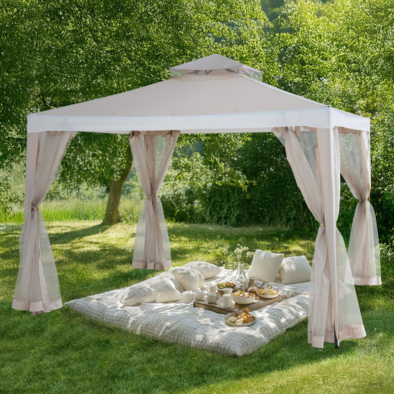 Sunjoy Soft Top Gazebo, Outdoor Patio Backyard Modern 2-Tier Steel Frame Gazebo with Mesh Netting, Beige/White