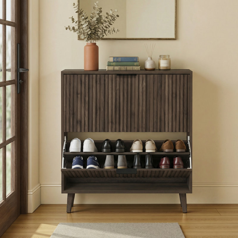 16 Pairs Shoe Cabinet with 2 Flip Drawers, Freestanding Fluted Entryway Shoe Storage, Brown