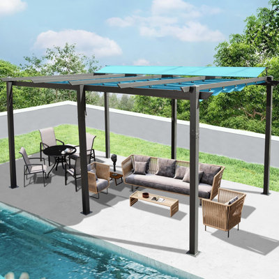 11 X 16 Ft Outdoor Pergola - Lake Blue. Rust- Aluminum Frame. Canopy. Retractable For Sun Screening. Simple Assembly Procedure. Ideal Courtyard, Lawn, Pool. Water- Control. Easy To Put Together.