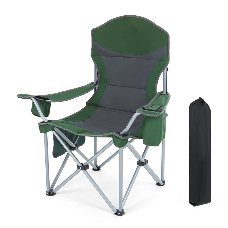 Chaise de camping d'extérieur, chaise portative avec accoudoirs, glacière, porte-gobelet et sac de rangement, poids léger, robuste pour le camping (paquet de 1 vert)